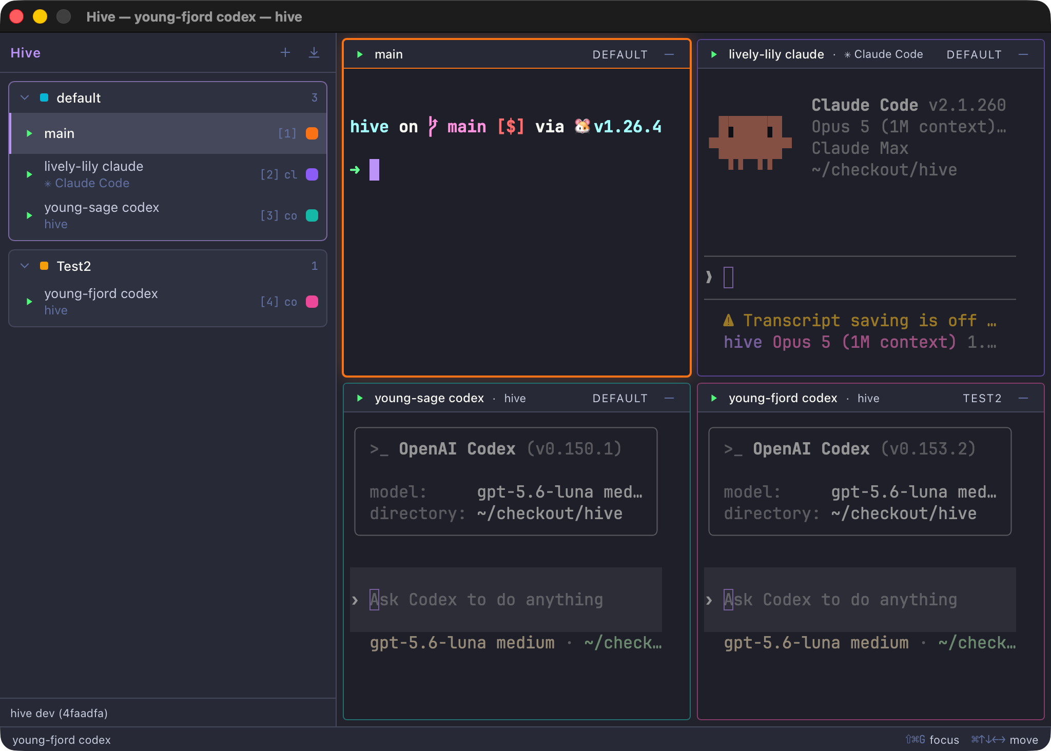 Hive showing four agent sessions in grid view with the project sidebar